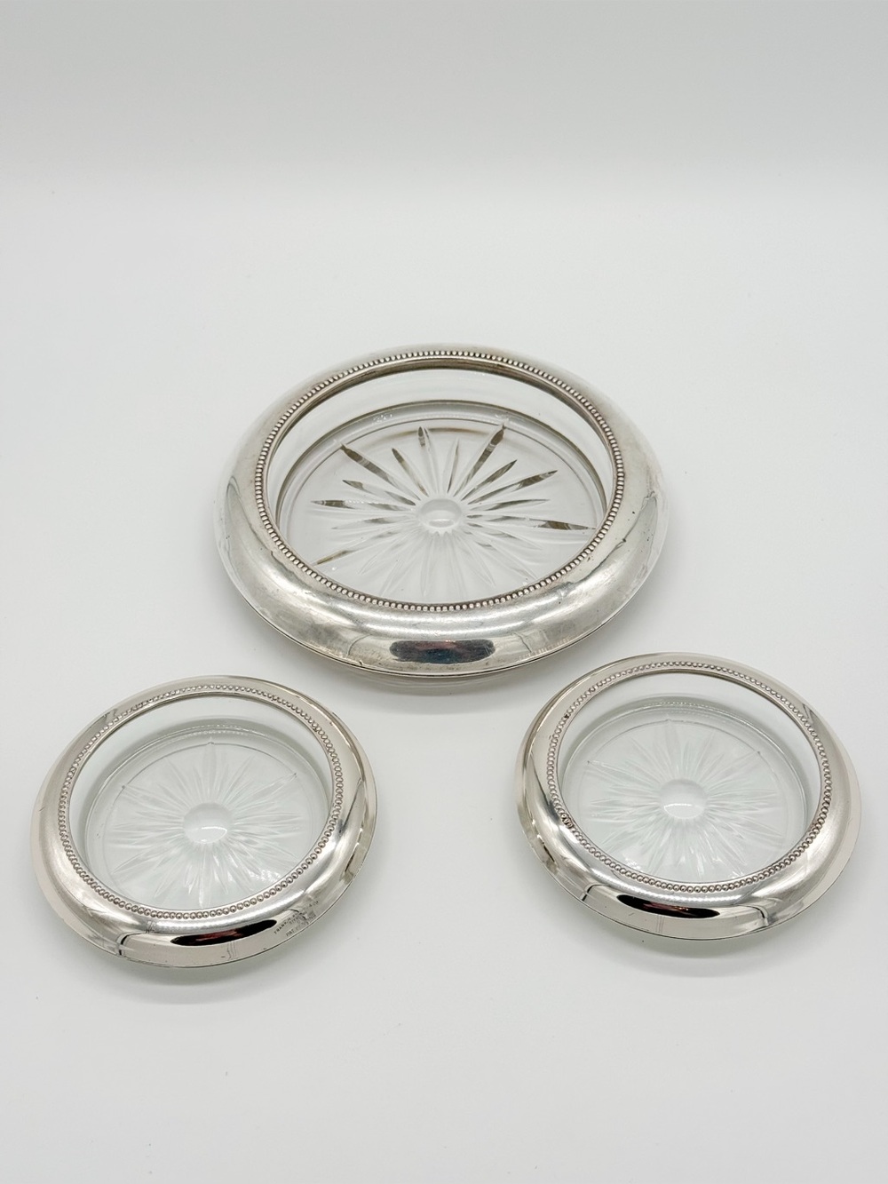 Frank M Whiting Sterling Silver & Glass Large 7” Wine Bottle & 2 4.5” Coasters